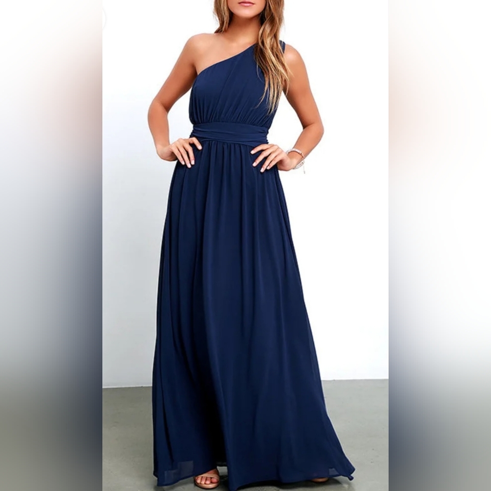 NWT Lulus Navy Blue One-Shoulder Maxi Dress XS *Prom*